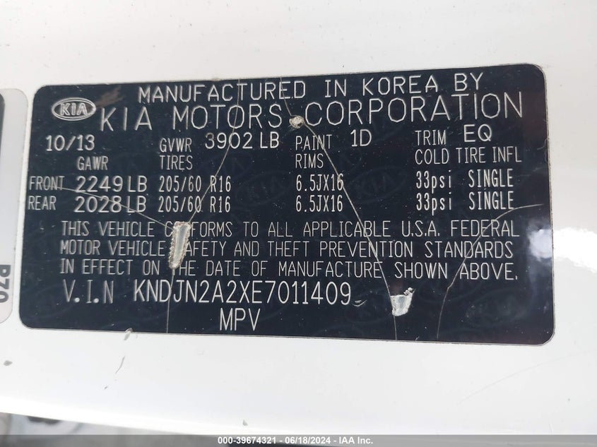 2014 Kia Soul VIN: KNDJN2A2XE7011409 Lot: 39674321