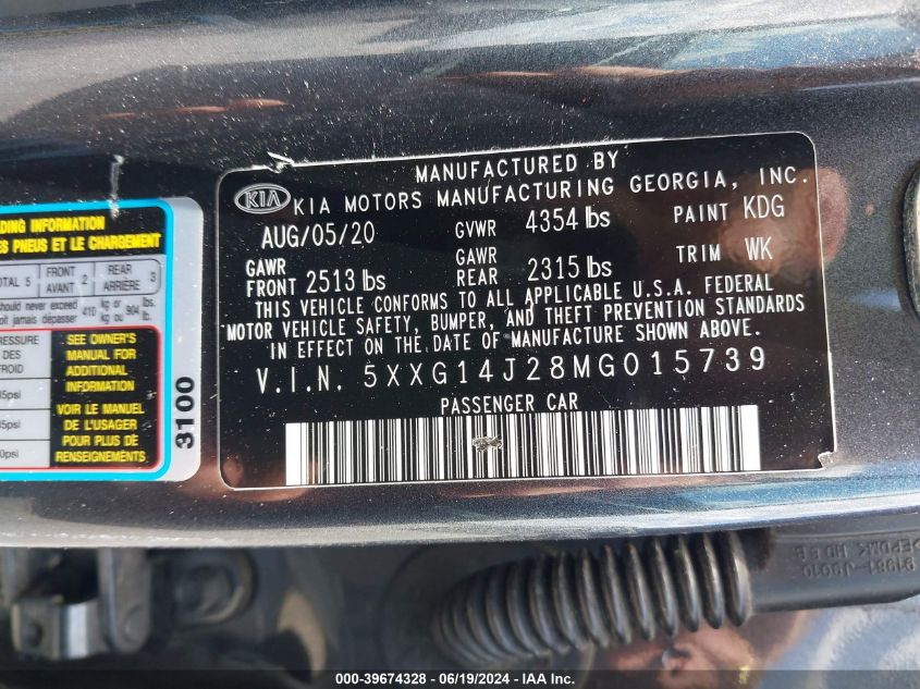 2021 Kia K5 Lxs VIN: 5XXG14J28MG015739 Lot: 39674328