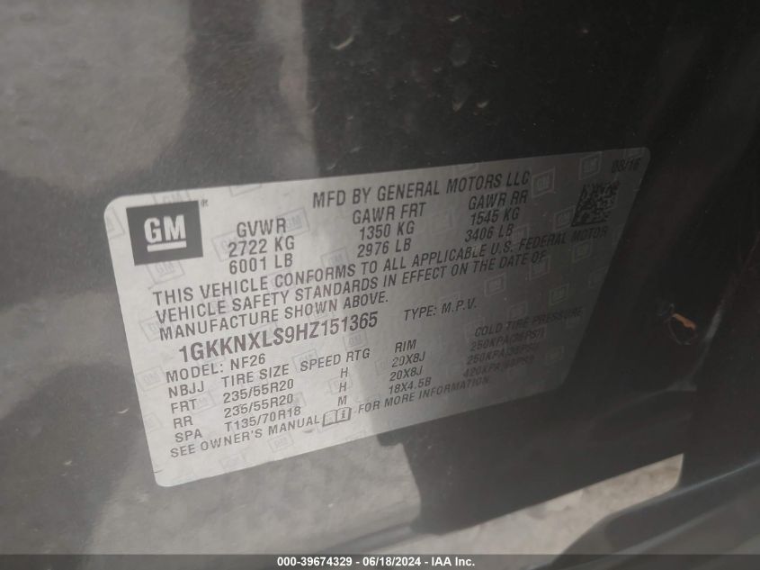 2017 GMC Acadia Denali VIN: 1GKKNXLS9HZ151365 Lot: 39674329
