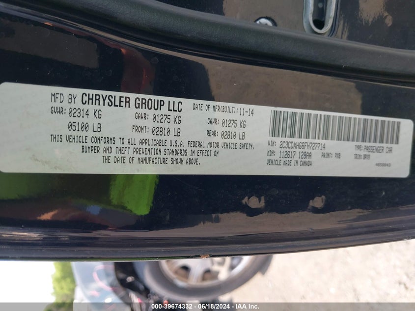 2015 Dodge Charger Sxt VIN: 2C3CDXHG6FH727714 Lot: 39674332