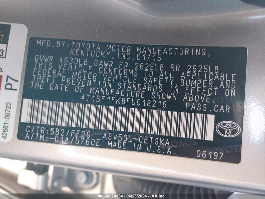 2015 Toyota Camry Se VIN: 4T1BF1FK8FU018216 Lot: 39674334