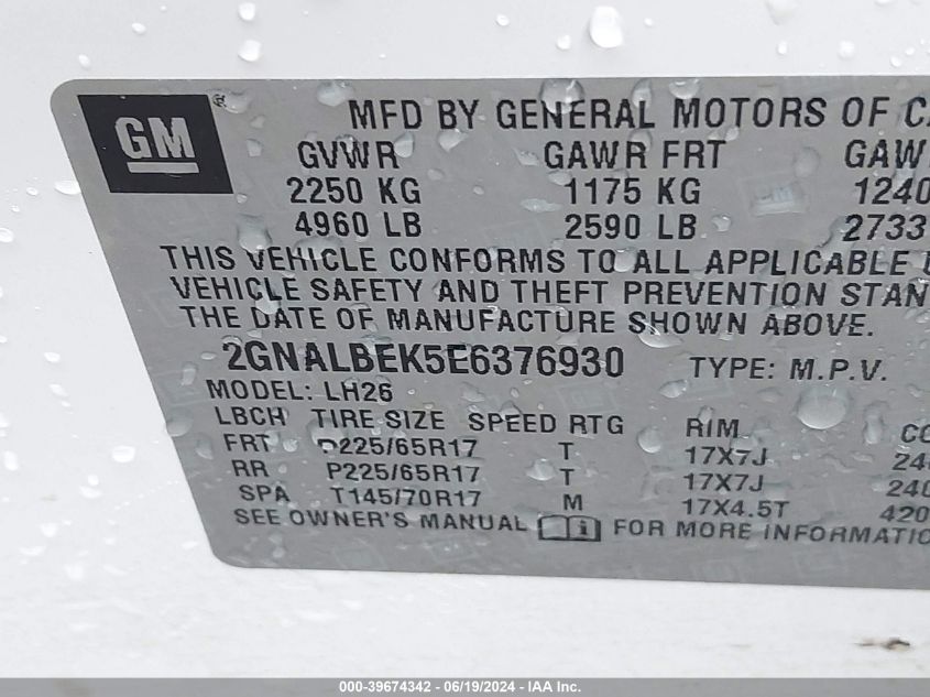 2014 Chevrolet Equinox 1Lt VIN: 2GNALBEK5E6376930 Lot: 39674342