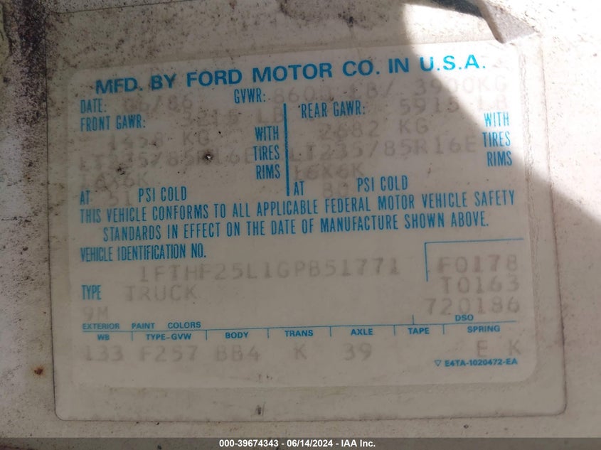 1986 Ford F250 VIN: 1FTHF25L1GPB51771 Lot: 39674343