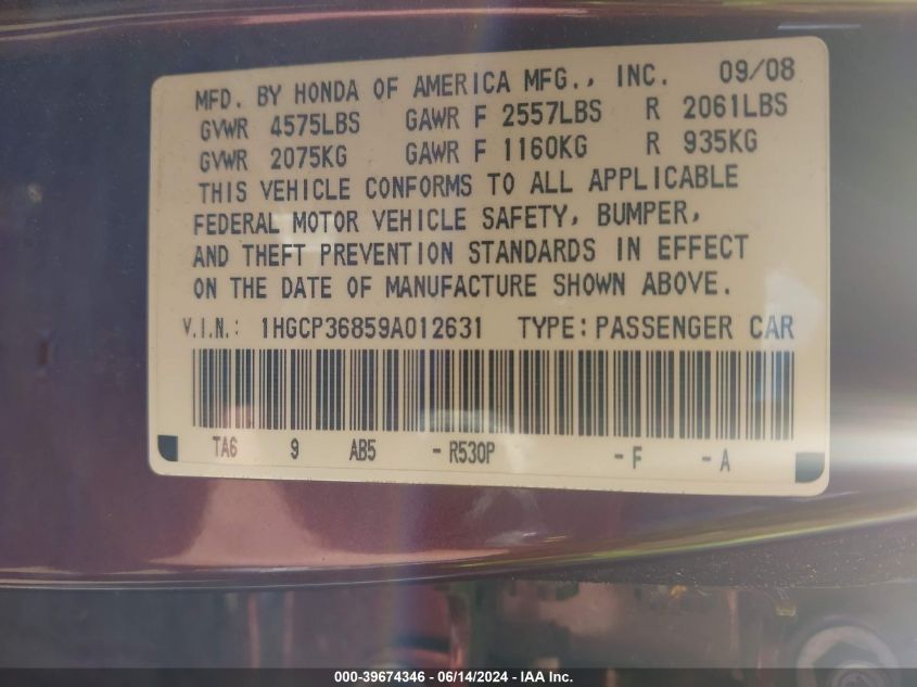 2009 Honda Accord 3.5 Ex-L VIN: 1HGCP36859A012631 Lot: 39674346