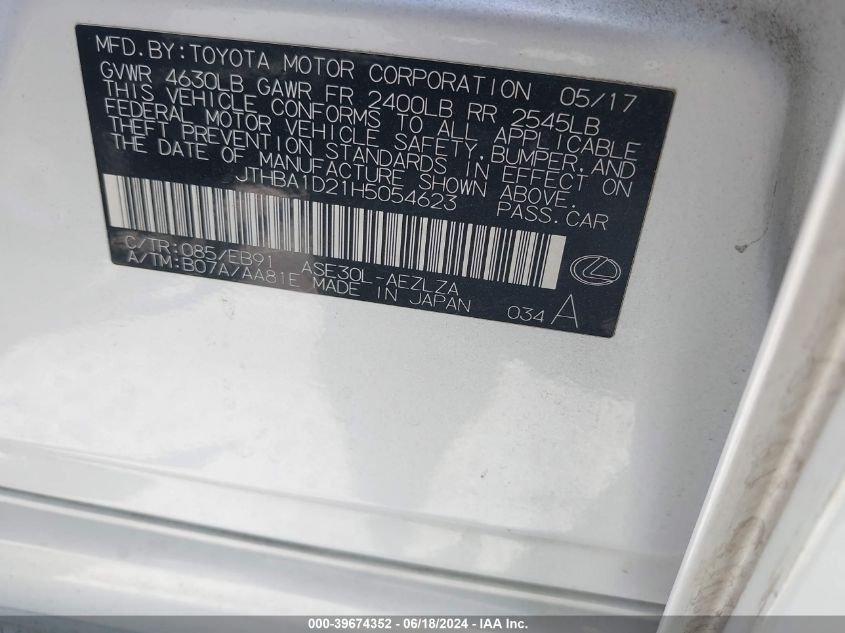 2017 Lexus Is 200T VIN: JTHBA1D21H5054623 Lot: 39674352