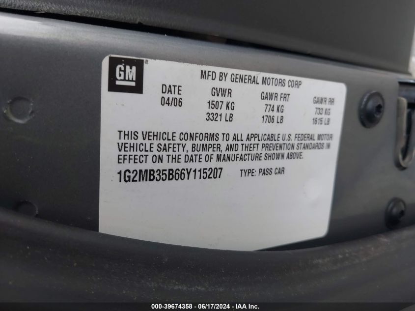 2006 Pontiac Solstice VIN: 1G2MB35B66Y115207 Lot: 39674358