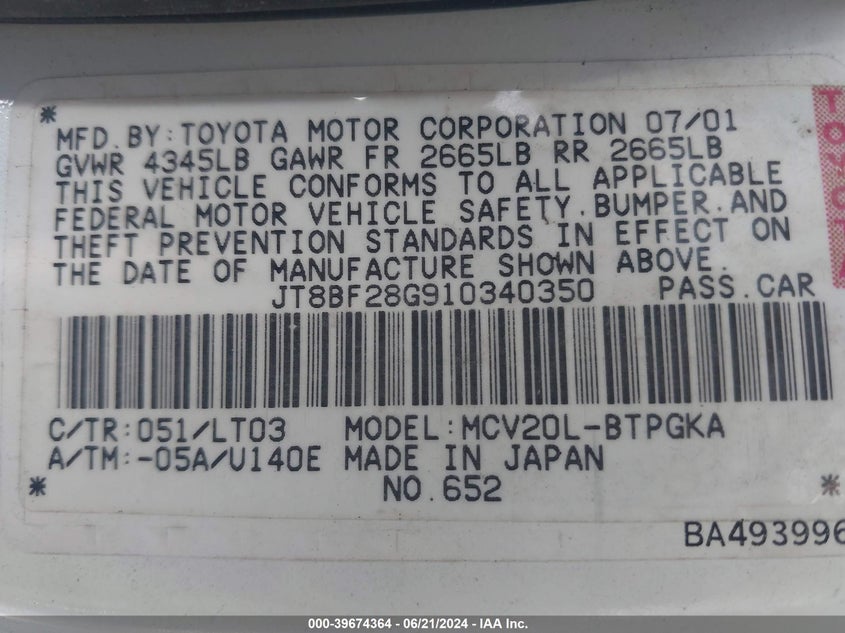 2001 Lexus Es 300 VIN: JT8BF28G910340350 Lot: 39674364