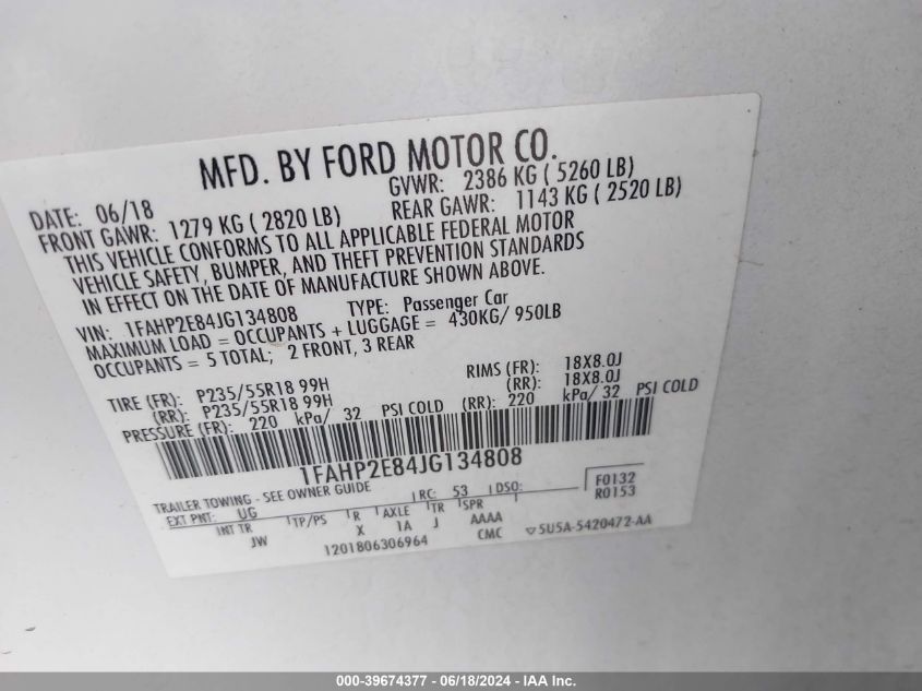 1FAHP2E84JG134808 2018 Ford Taurus Sel