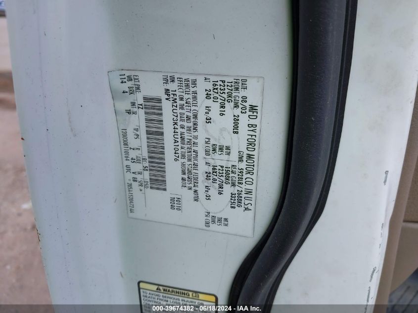 2004 Ford Explorer Nbx/Xlt VIN: 1FMZU73K44UA10476 Lot: 39674382