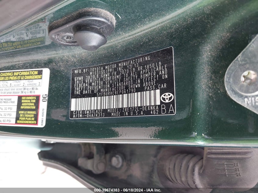 2014 Toyota Corolla Le Premium VIN: 5YFBURHE8EP061790 Lot: 39674383