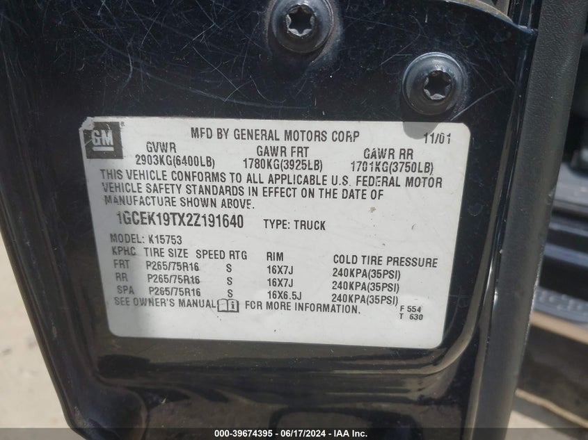 2002 Chevrolet Silverado 1500 Lt VIN: 1GCEK19TX2Z191640 Lot: 39674395