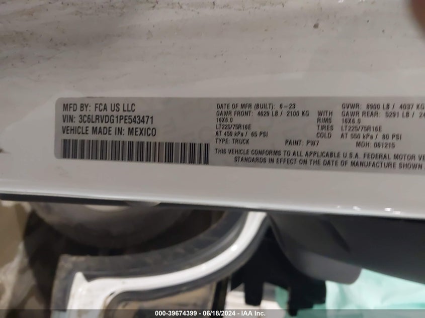 VIN 3C6LRVDG1PE543471 2023 RAM PROMASTER 2500 HIGH ROOF 159 WB