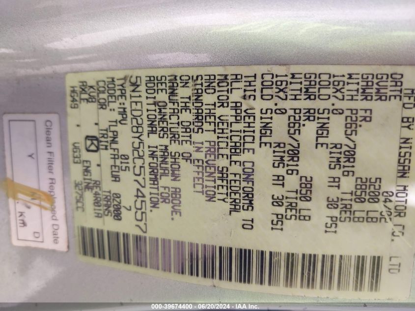 2002 Nissan Xterra Se VIN: 5N1ED28Y52C574557 Lot: 39674400