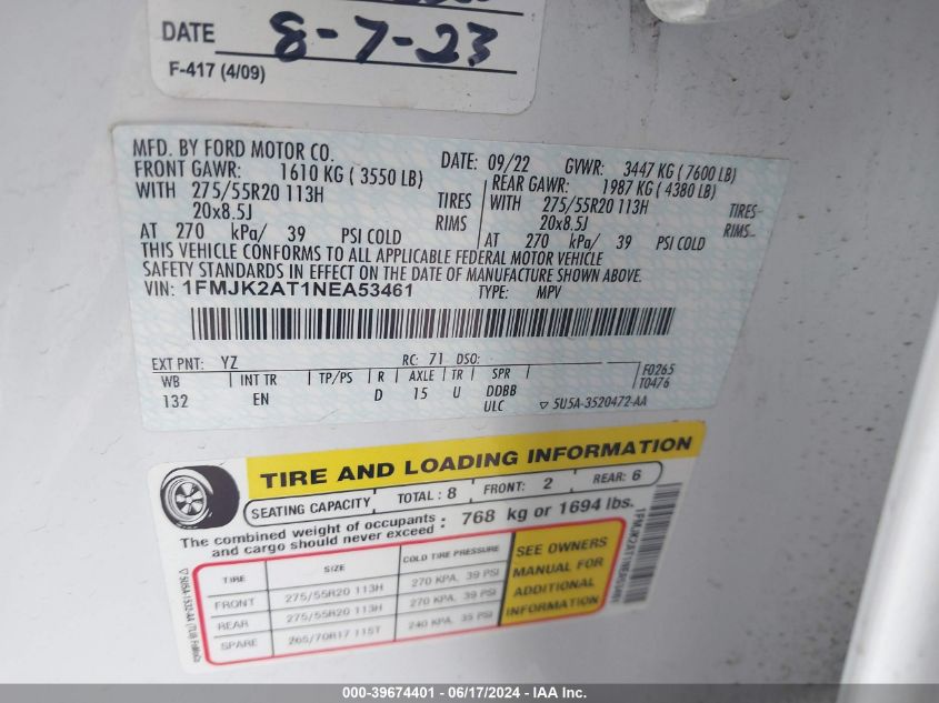 2022 Ford Expedition Limited Max VIN: 1FMJK2AT1NEA53461 Lot: 39674401