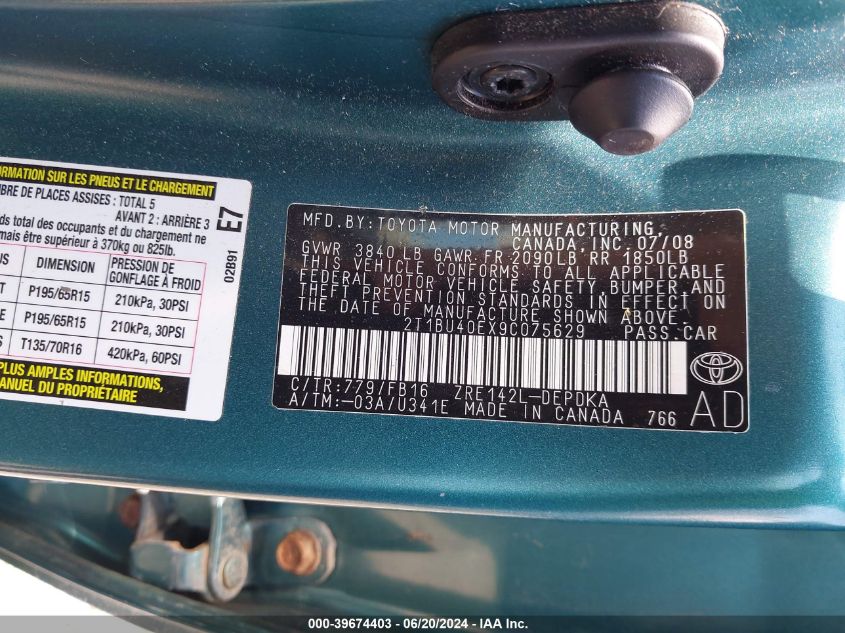 2009 Toyota Corolla VIN: 2T1BU40EX9C075629 Lot: 39674403