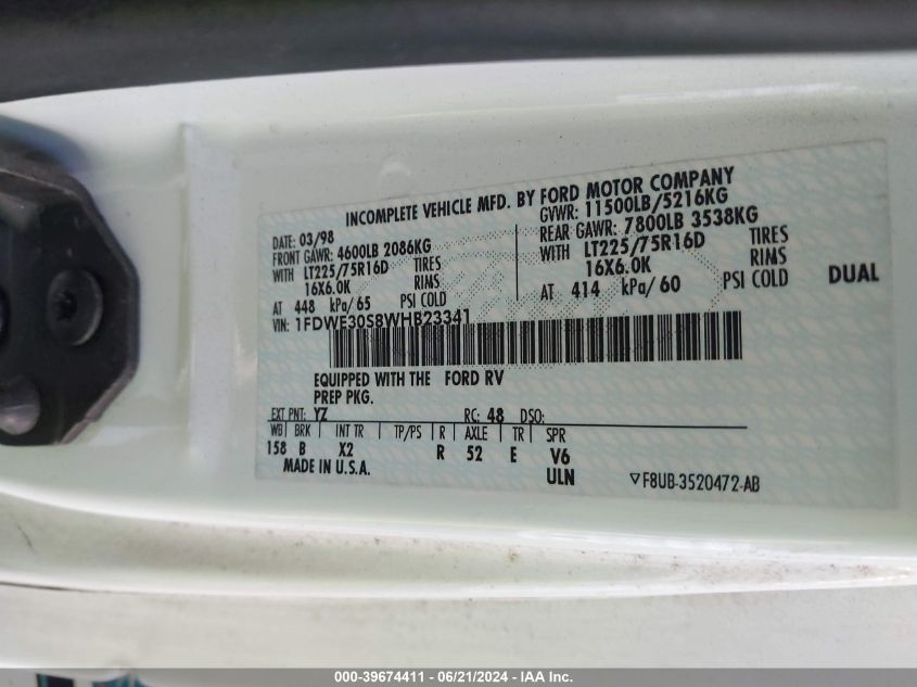 1998 Ford Econoline E350 Cutaway Van VIN: 1FDWE30S8WHB23341 Lot: 39674411