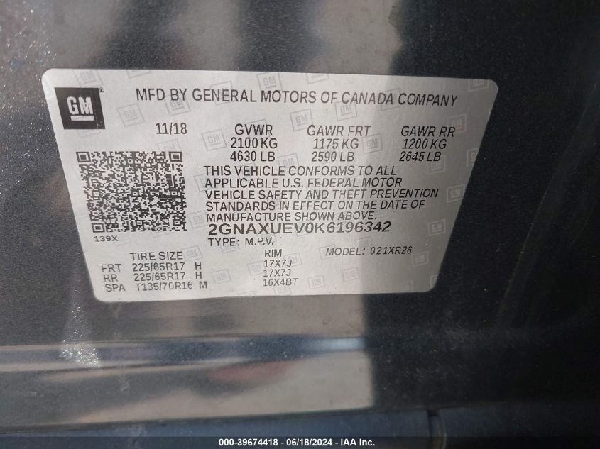 2019 Chevrolet Equinox Lt VIN: 2GNAXUEV0K6196342 Lot: 39674418