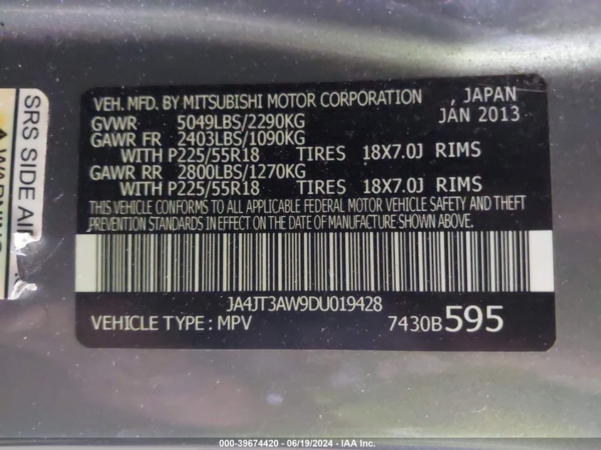 2013 Mitsubishi Outlander Se VIN: JA4JT3AW9DU019428 Lot: 39674420