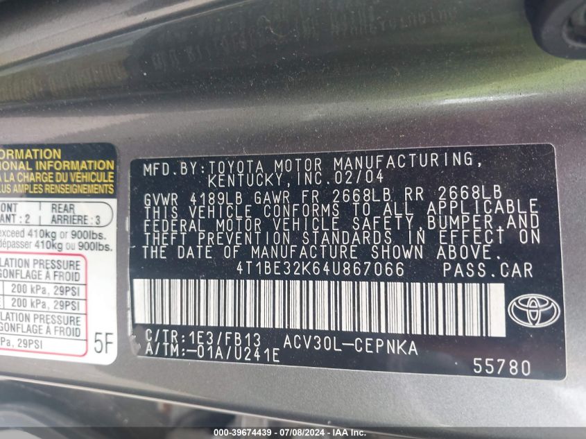 2004 Toyota Camry Le VIN: 4T1BE32K64U867066 Lot: 39674439