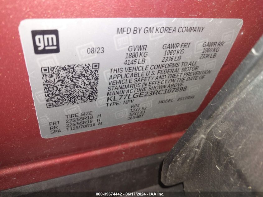 2024 Chevrolet Trax Fwd 1Rs VIN: KL77LGE23RC107898 Lot: 39674442