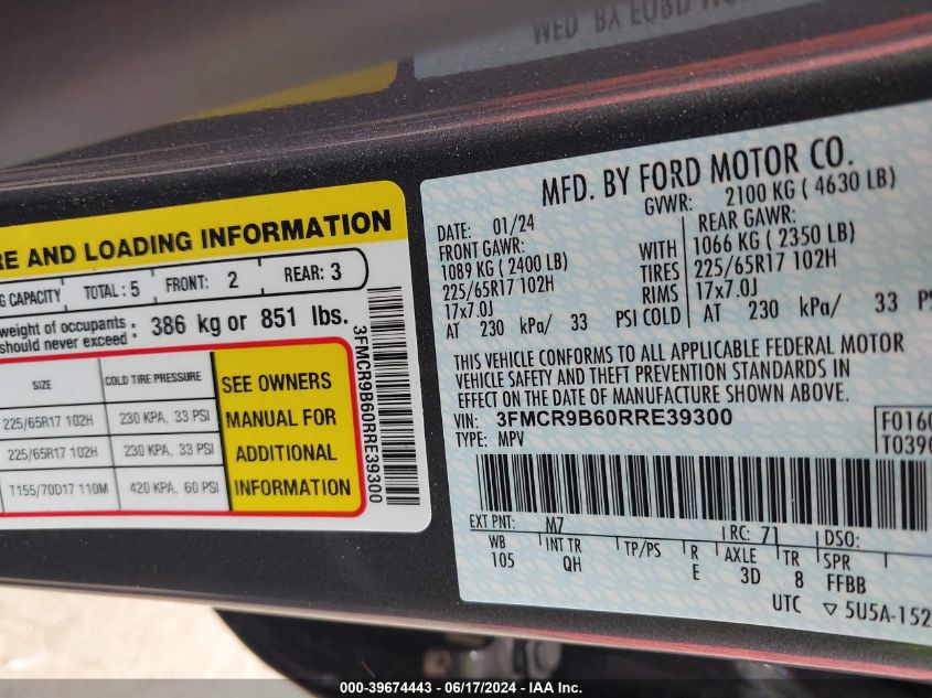 2024 Ford Bronco Sport Big Bend VIN: 3FMCR9B60RRE39300 Lot: 39674443