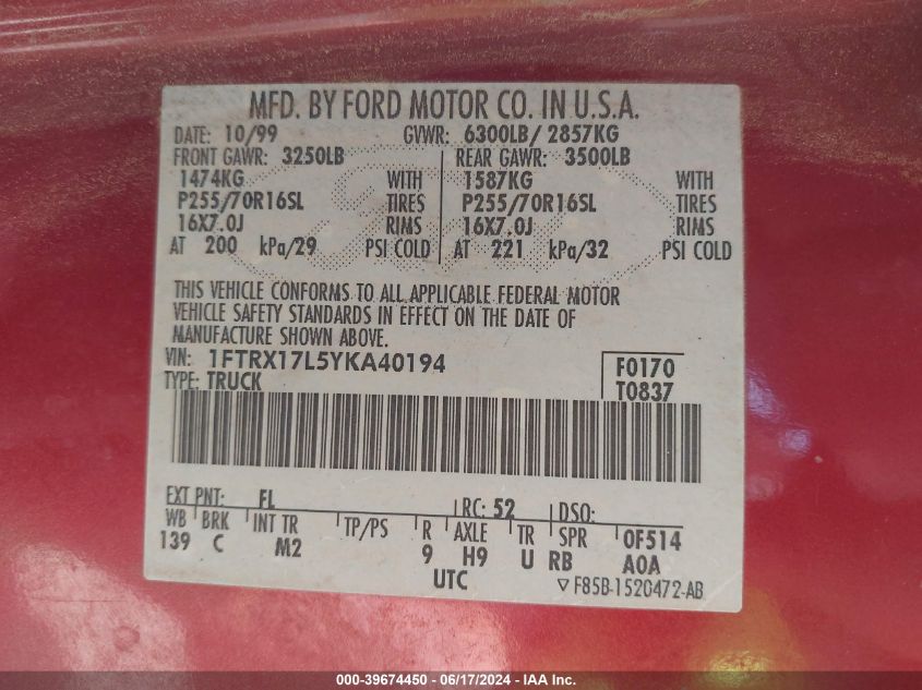 2000 Ford F-150 Lariat/Work Series/Xl/Xlt VIN: 1FTRX17L5YKA40194 Lot: 39674450
