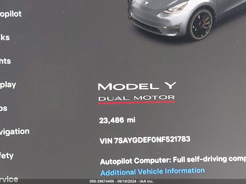 2022 Tesla Model Y Performance Dual Motor All-Wheel Drive VIN: 7SAYGDEF0NF521783 Lot: 39674458