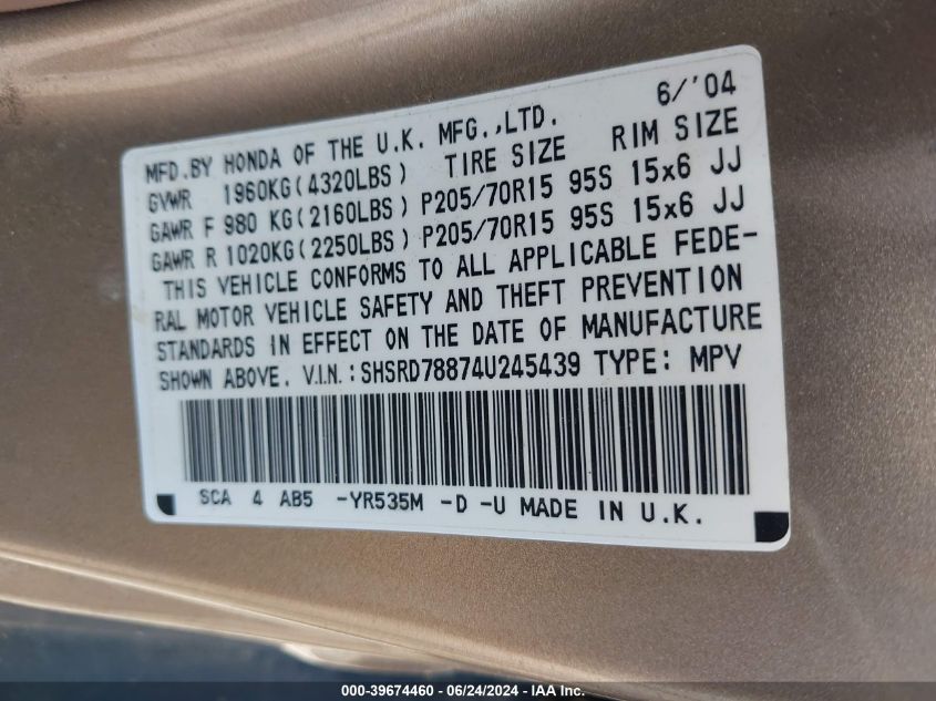 2004 Honda Cr-V Ex VIN: SHSRD78874U245439 Lot: 39674460