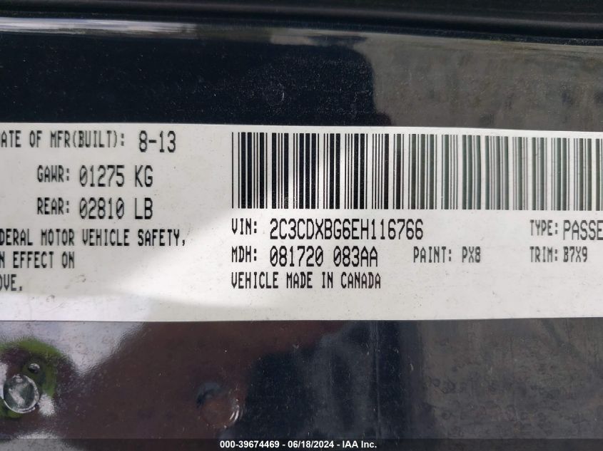 2014 Dodge Charger Se VIN: 2C3CDXBG6EH116766 Lot: 39674469