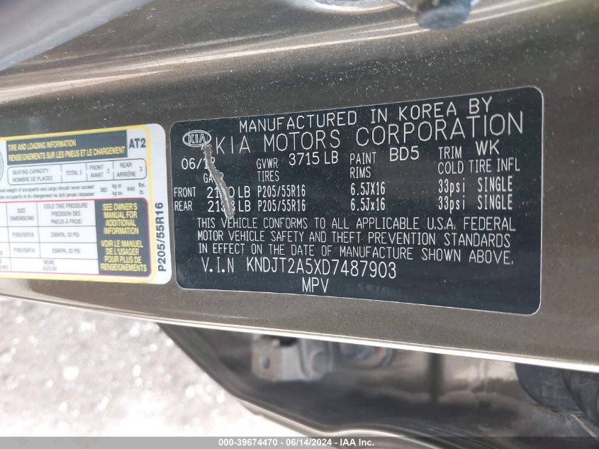 2013 Kia Soul VIN: KNDJT2A5XD7487903 Lot: 39674470