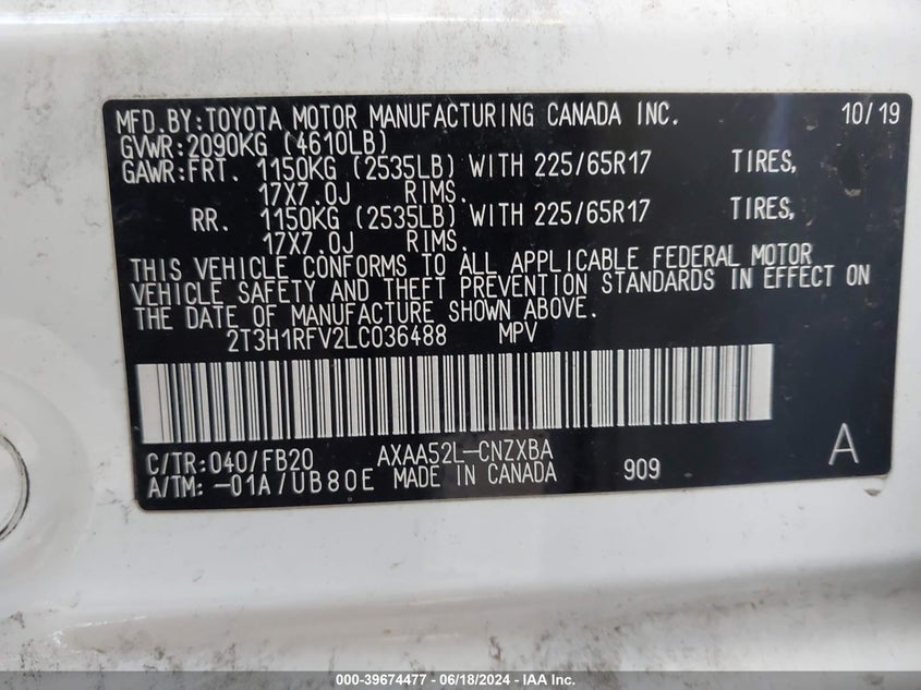 2020 Toyota Rav4 Le VIN: 2T3H1RFV2LC036488 Lot: 39674477