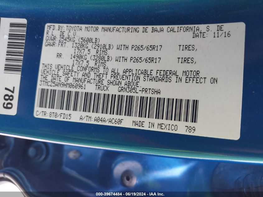 2017 Toyota Tacoma Trd Sport VIN: 3TMCZ5AN9HM060961 Lot: 39674484