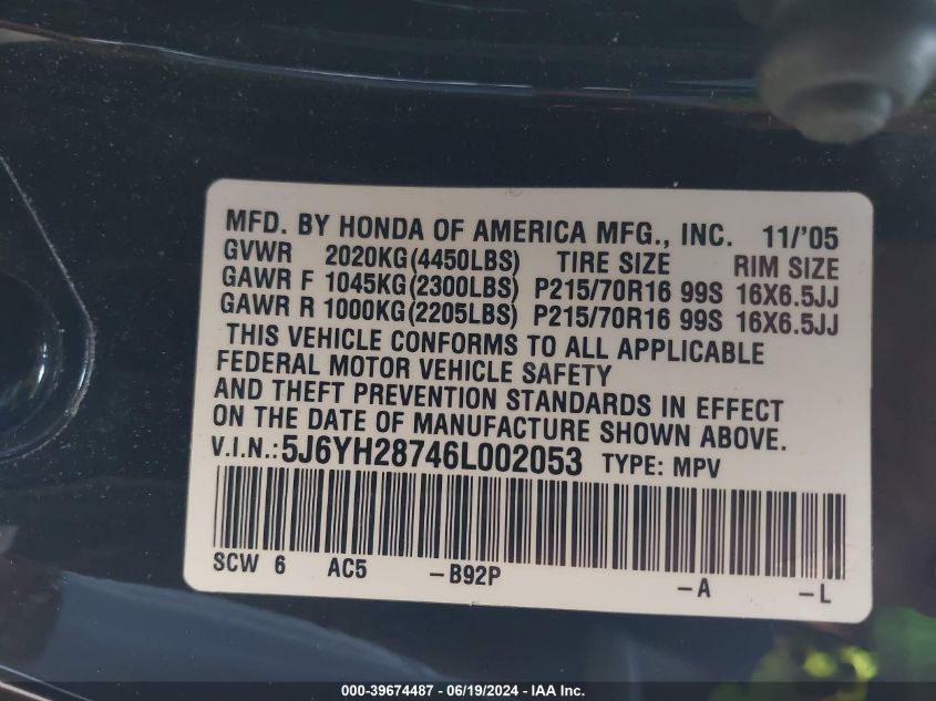 2006 Honda Element Ex-P VIN: 5J6YH28746L002053 Lot: 39674487