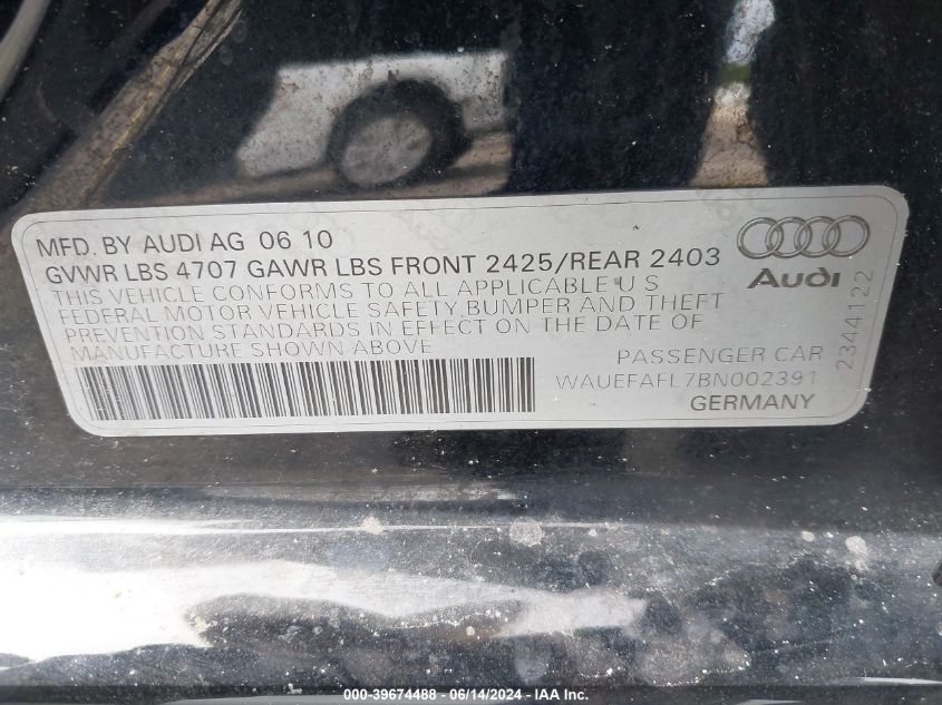 2011 Audi A4 2.0T Premium VIN: WAUEFAFL7BN002391 Lot: 39674488