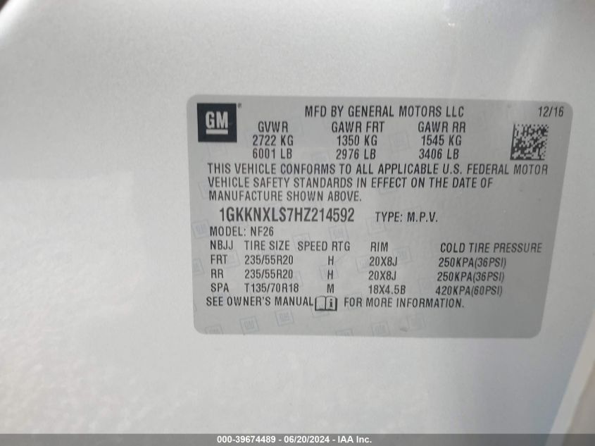 2017 GMC Acadia Denali VIN: 1GKKNXLS7HZ214592 Lot: 39674489
