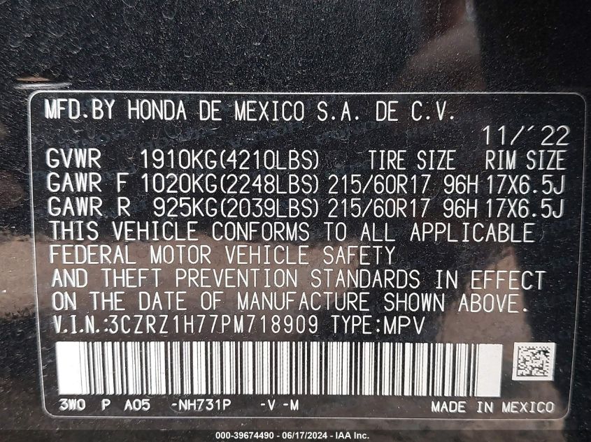 2023 Honda Hr-V 2Wd Ex-L VIN: 3CZRZ1H77PM718909 Lot: 39674490