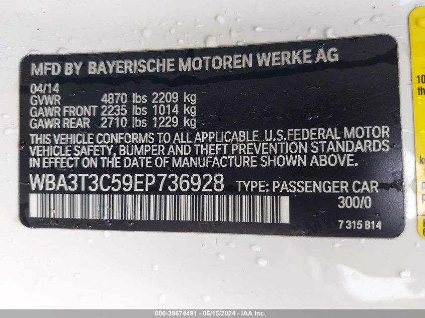 2014 BMW 435I VIN: WBA3T3C59EP736928 Lot: 39674491