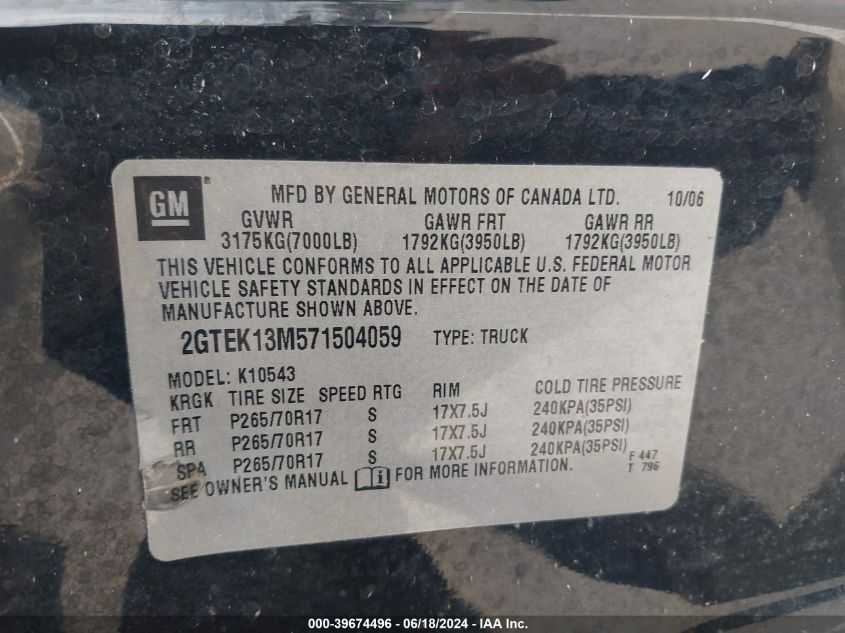 2007 GMC Sierra 1500 Slt VIN: 2GTEK13M571504059 Lot: 39674496