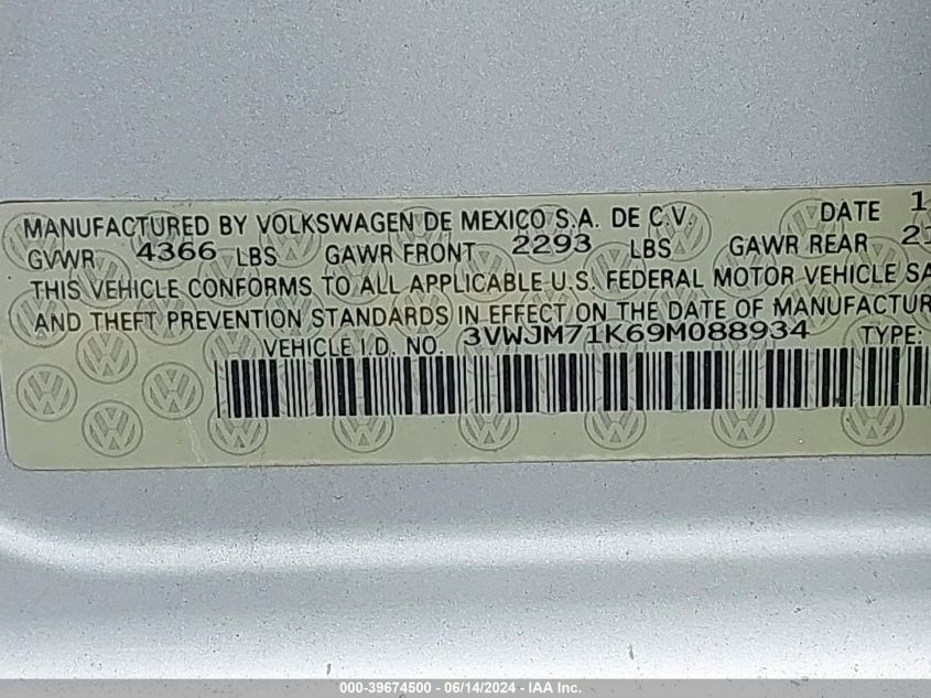 2009 Volkswagen Jetta S VIN: 3VWJM71K69M088934 Lot: 39674500