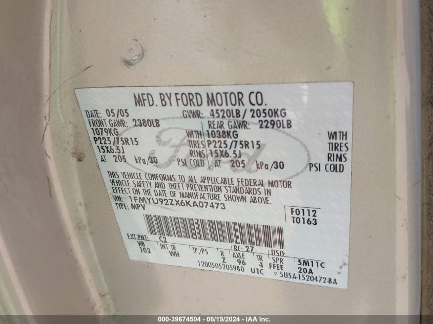 2006 Ford Escape Xls/Xls Manual VIN: 1FMYU92ZX6KA07473 Lot: 39674504