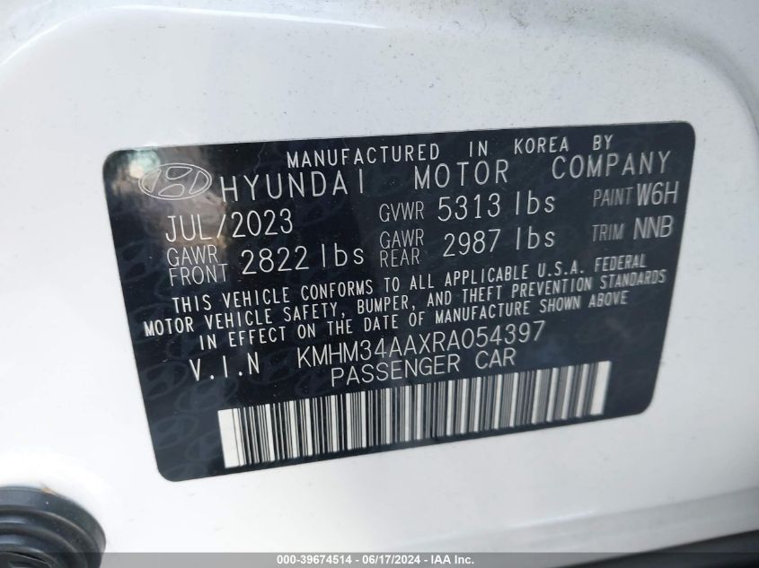 2024 Hyundai Ioniq 6 Sel VIN: KMHM34AAXRA054397 Lot: 39674514