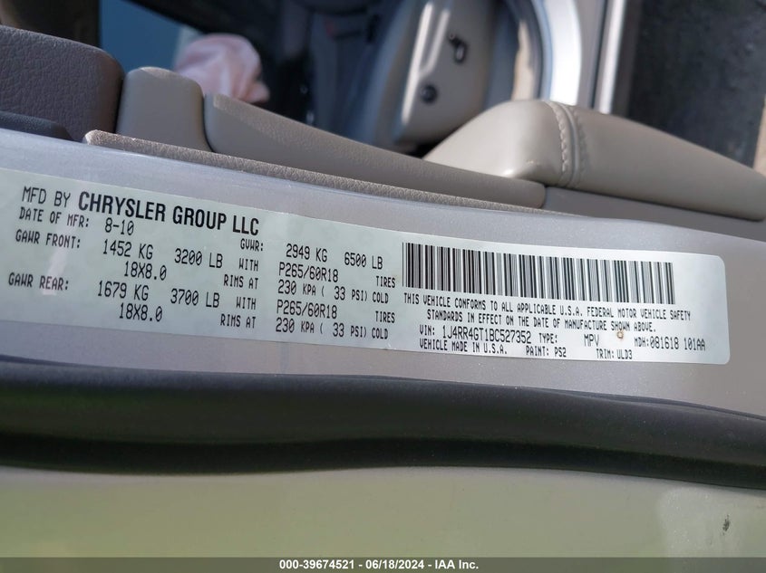 2011 Jeep Grand Cherokee Laredo VIN: 1J4RR4GT1BC527352 Lot: 39674521