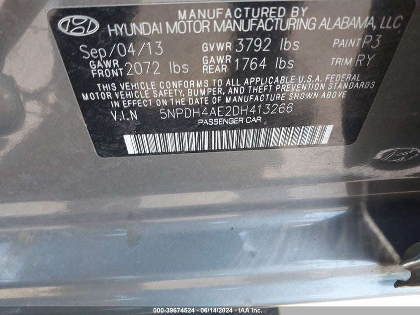 2013 Hyundai Elantra Limited VIN: 5NPDH4AE2DH413266 Lot: 39674524