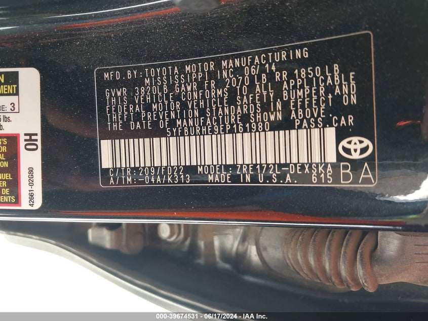 2014 Toyota Corolla S Plus VIN: 5YFBURHE9EP161980 Lot: 39674531