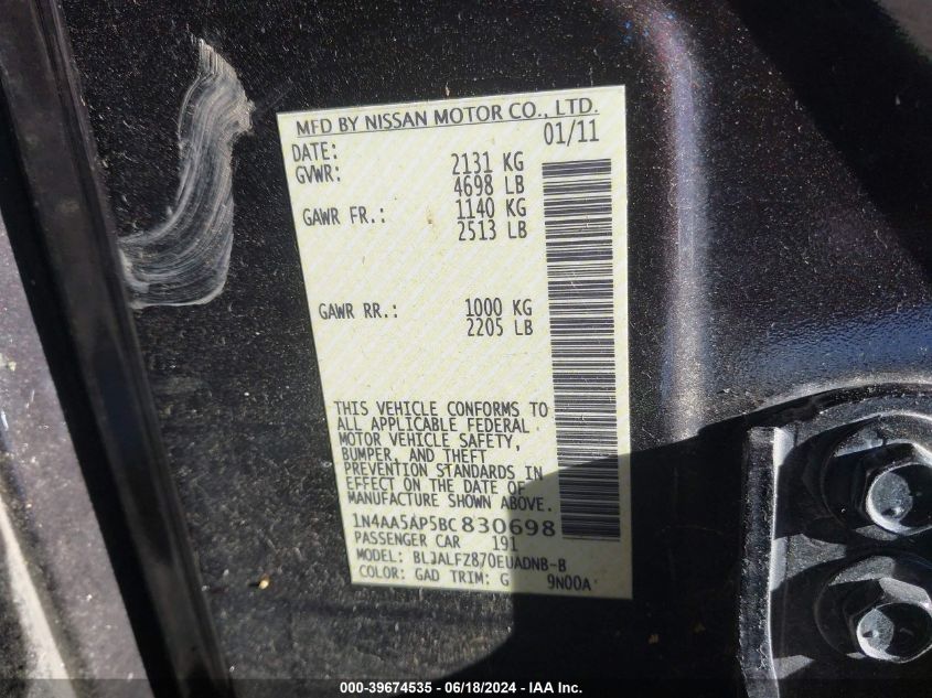 2011 Nissan Maxima 3.5 Sv VIN: 1N4AA5AP5BC830698 Lot: 39674535