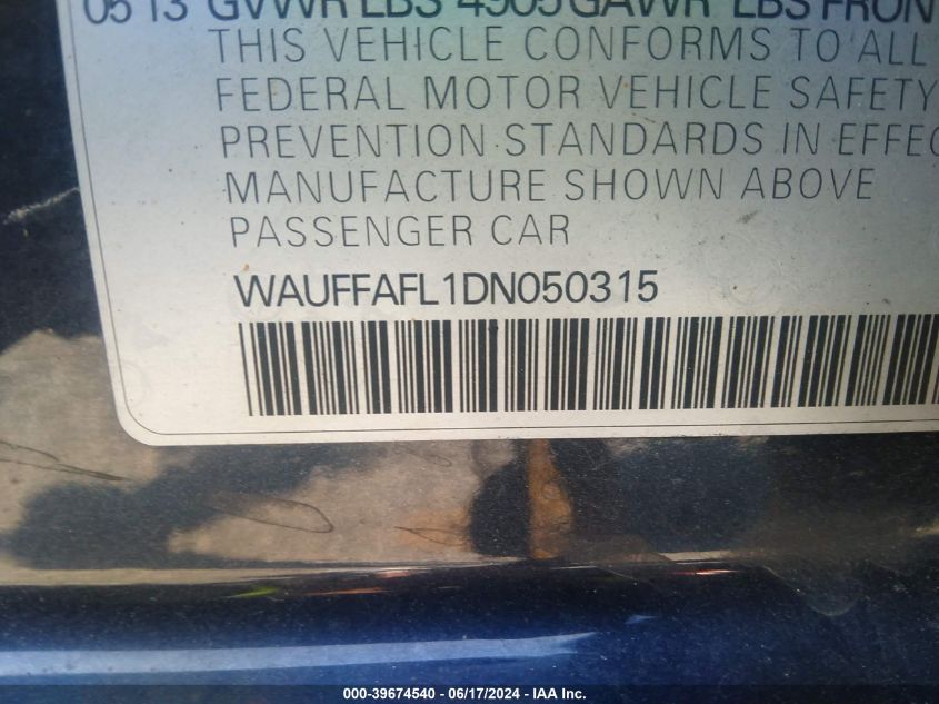 2013 Audi A4 2.0T Premium VIN: WAUFFAFL1DN050315 Lot: 39674540