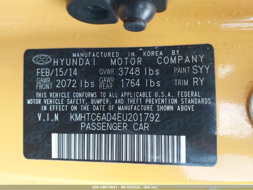 2014 Hyundai Veloster Base W/Black/Base W/Gray/Base W/Red/Re:flex W/Black/Re:flex W/Red VIN: KMHTC6AD4EU201792 Lot: 39674541