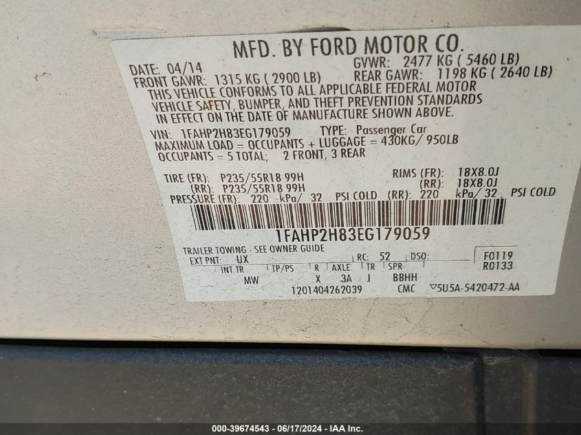 1FAHP2H83EG179059 2014 Ford Taurus Sel