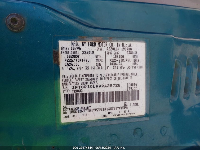 1997 Ford Ranger Splash/Xl/Xlt VIN: 1FTCR10U9VPA28728 Lot: 39674544