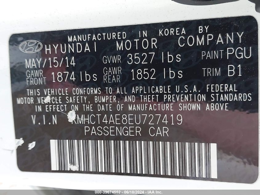 2014 Hyundai Accent Gls VIN: KMHCT4AE8EU727419 Lot: 39674552